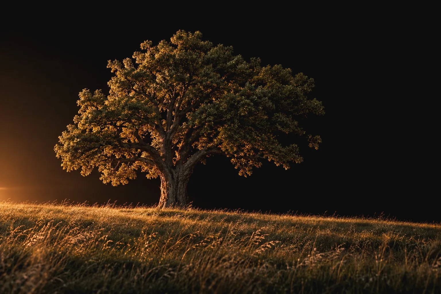 Ein alter Baum auf einer Wiese in der Abenddämmerung